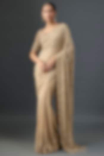 Beige Silk Chiffon Sequins Embroidered Bridal Saree Set by Nakul Sen at Pernia's Pop Up Shop