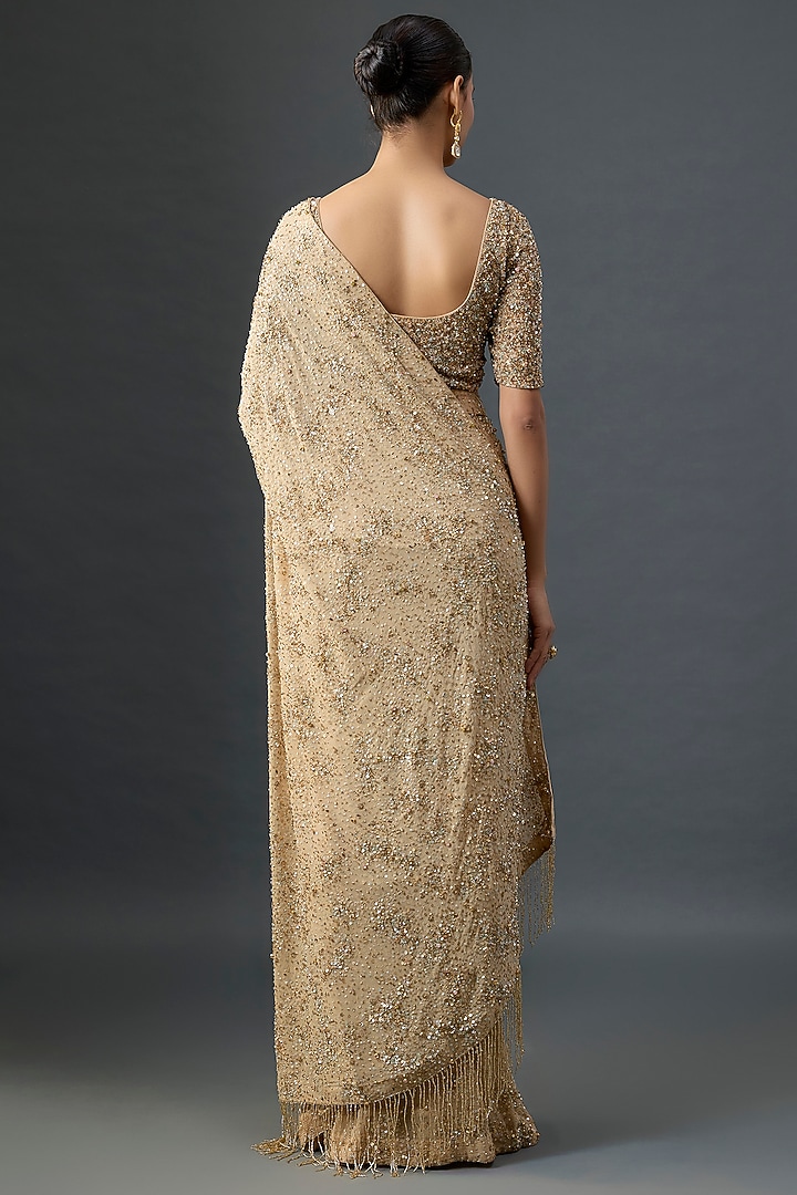 Beige Silk Chiffon Sequins Embroidered Bridal Saree Set by Nakul Sen at Pernia's Pop Up Shop