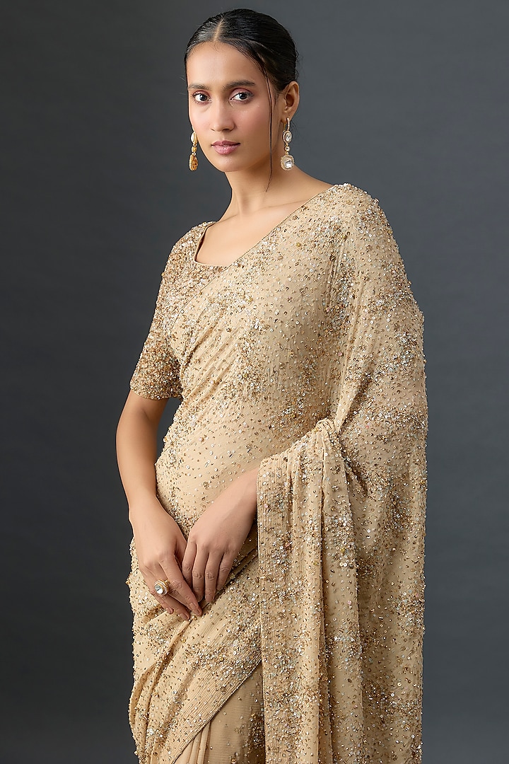 Beige Silk Chiffon Sequins Embroidered Bridal Saree Set by Nakul Sen at Pernia's Pop Up Shop