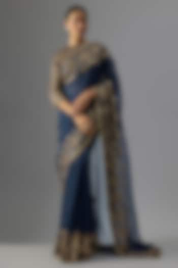 Navy Blue Chiffon Sequins Embroidered Reception Saree Set by Nakul Sen at Pernia's Pop Up Shop