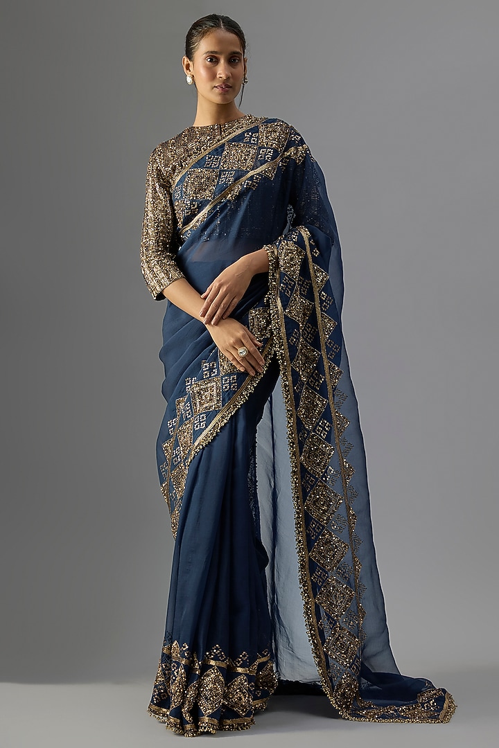 Navy Blue Chiffon Sequins Embroidered Reception Saree Set by Nakul Sen at Pernia's Pop Up Shop