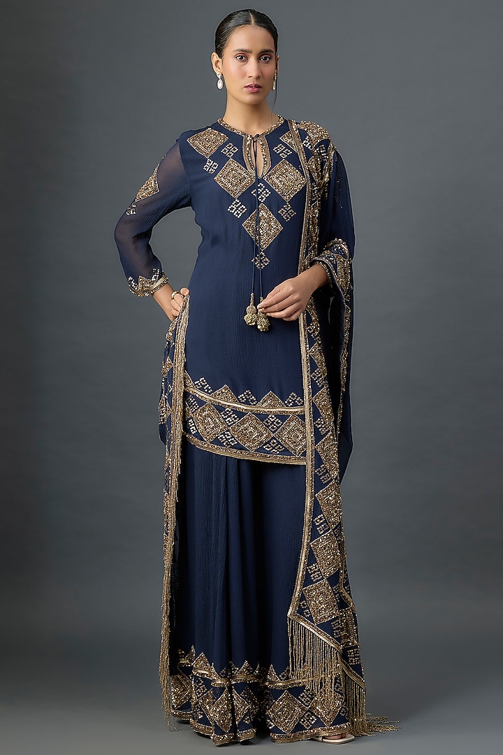 Navy Silk Chiffon Sequins Embroidered Bridal Sharara Set by Nakul Sen at Pernia's Pop Up Shop