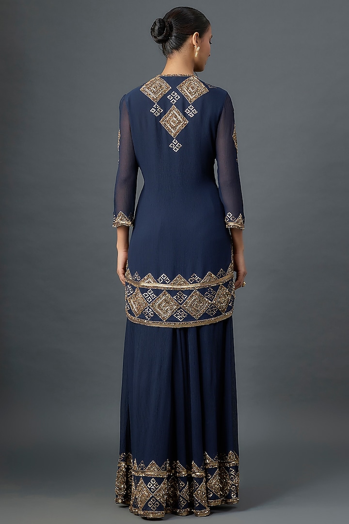 Navy Silk Chiffon Sequins Embroidered Bridal Sharara Set by Nakul Sen at Pernia's Pop Up Shop