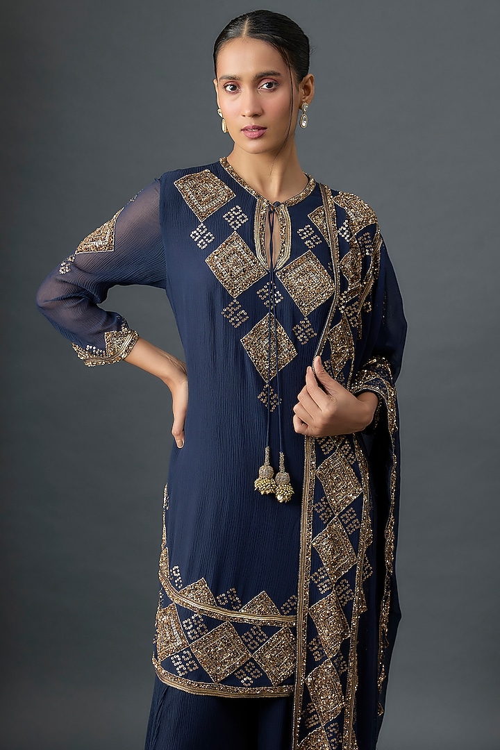 Navy Silk Chiffon Sequins Embroidered Bridal Sharara Set by Nakul Sen at Pernia's Pop Up Shop