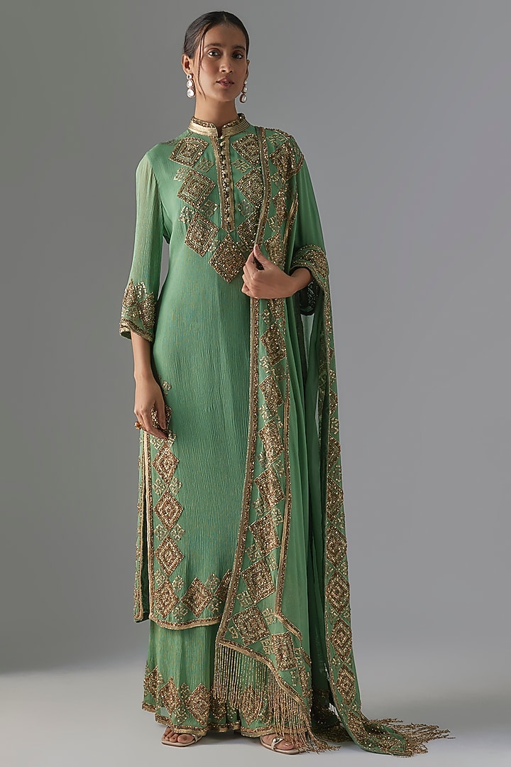 Jade Green Chiffon Sequins Embroidered Kurta Set by Nakul Sen at Pernia's Pop Up Shop
