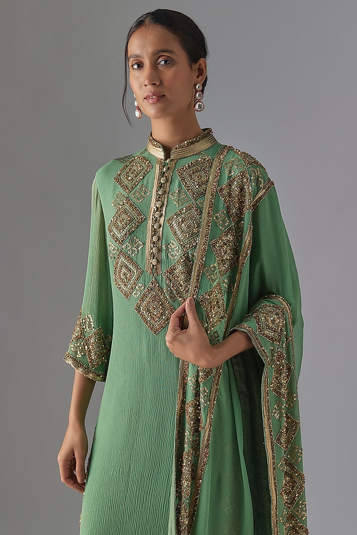 Jade Green Chiffon Sequins Embroidered Kurta Set by Nakul Sen at Pernia's Pop Up Shop