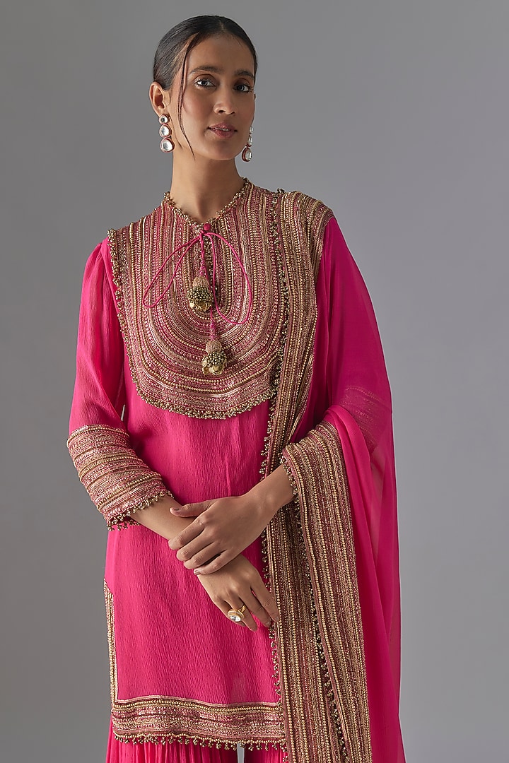 Rani Pink Chiffon Sequins Embroidered Gharara Set by Nakul Sen at Pernia's Pop Up Shop