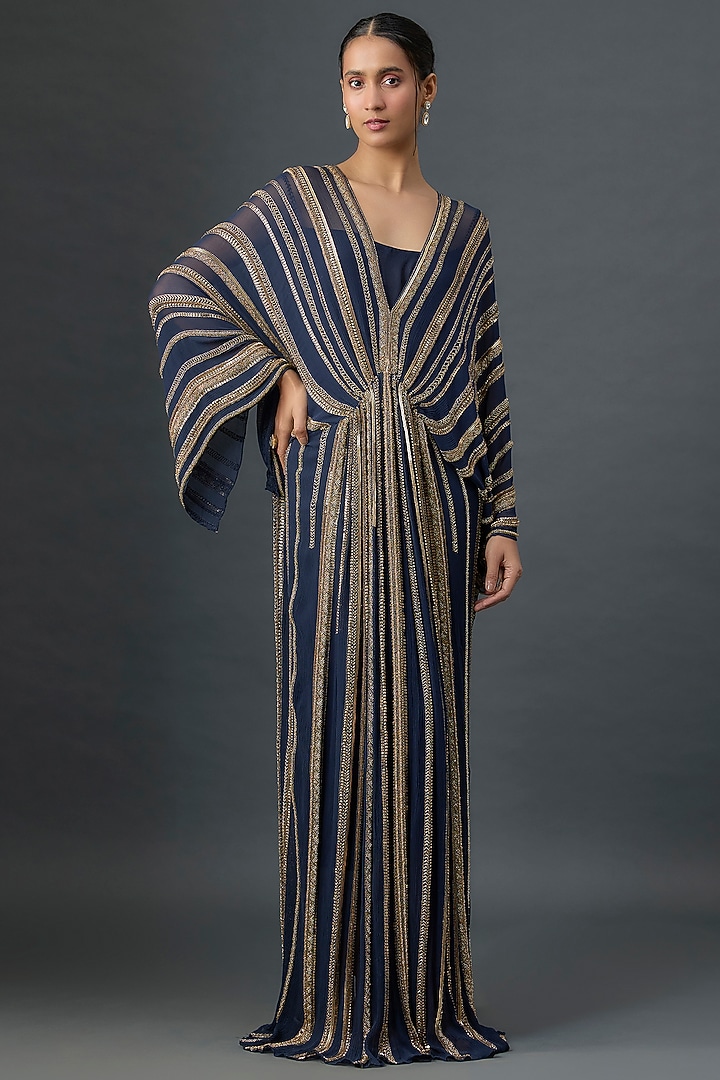 Navy Silk Chiffon Sequins Embroidered Kaftan by Nakul Sen at Pernia's Pop Up Shop