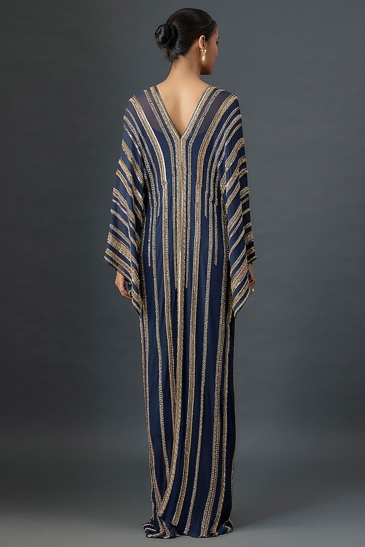 Navy Silk Chiffon Sequins Embroidered Kaftan by Nakul Sen at Pernia's Pop Up Shop