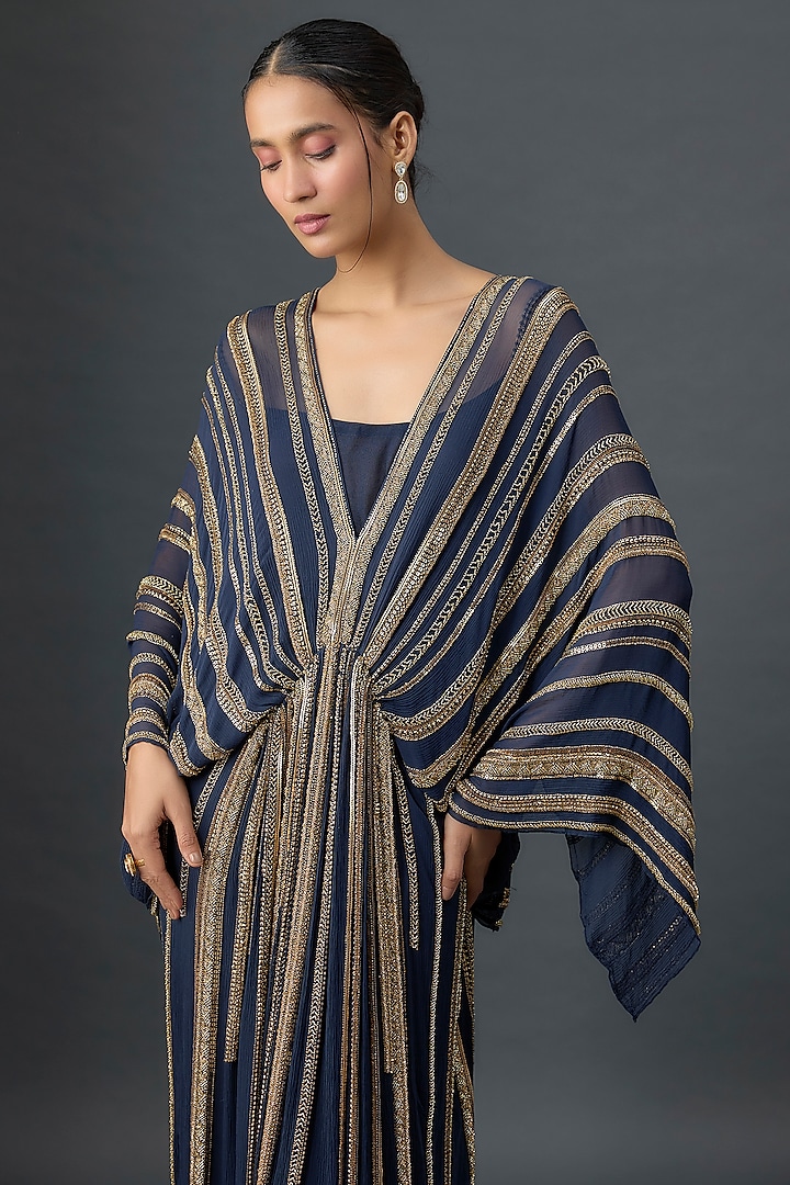 Navy Silk Chiffon Sequins Embroidered Kaftan by Nakul Sen at Pernia's Pop Up Shop