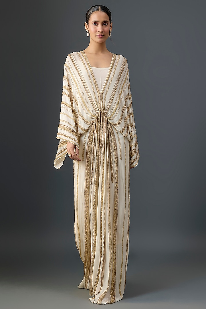 Ivory Silk Chiffon Sequins Embroidered Kaftan by Nakul Sen at Pernia's Pop Up Shop