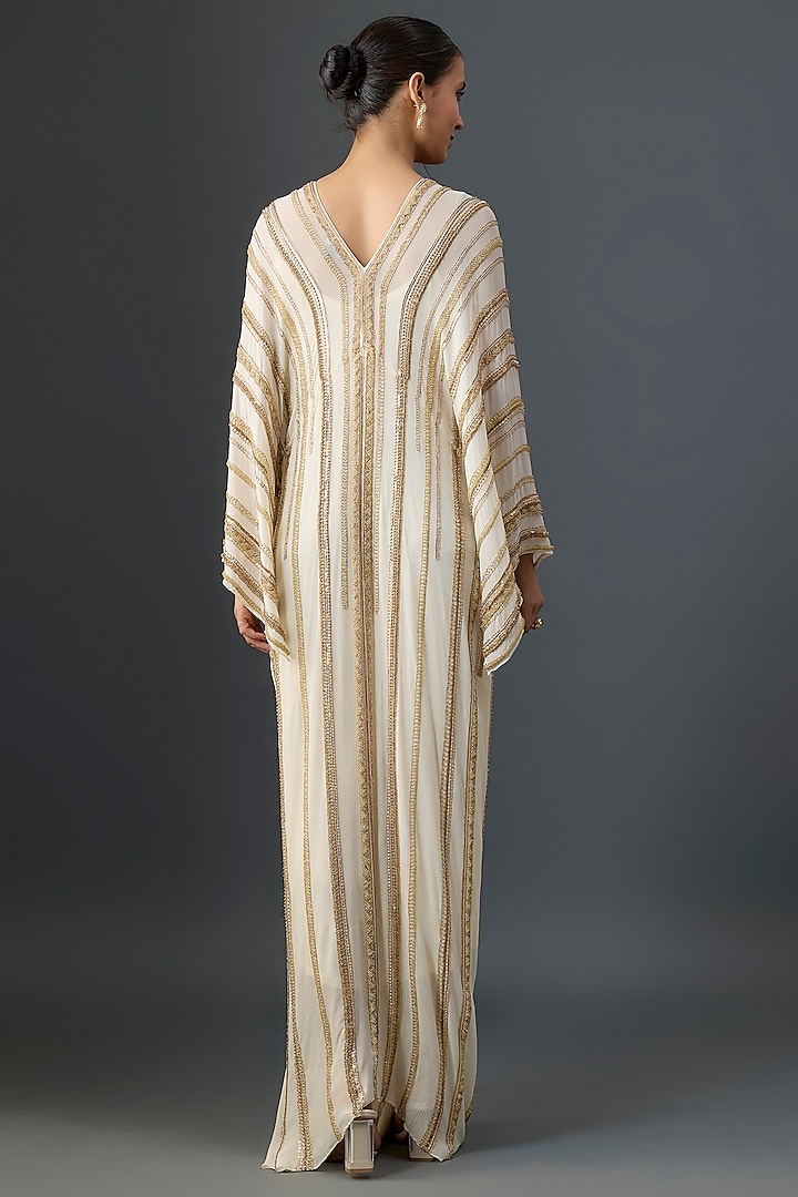 Ivory Silk Chiffon Sequins Embroidered Kaftan by Nakul Sen at Pernia's Pop Up Shop