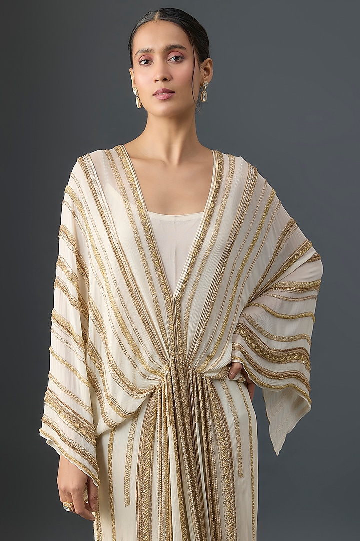 Ivory Silk Chiffon Sequins Embroidered Kaftan by Nakul Sen at Pernia's Pop Up Shop