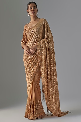 Peach Chiffon Sequins Embroidered Saree Set by Nakul Sen