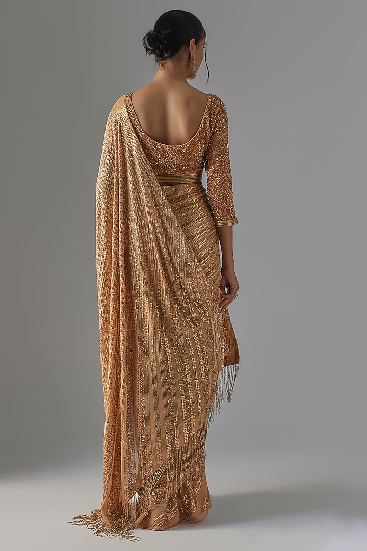 Peach Chiffon Sequins Embroidered Bridal Saree Set by Nakul Sen at Pernia's Pop Up Shop