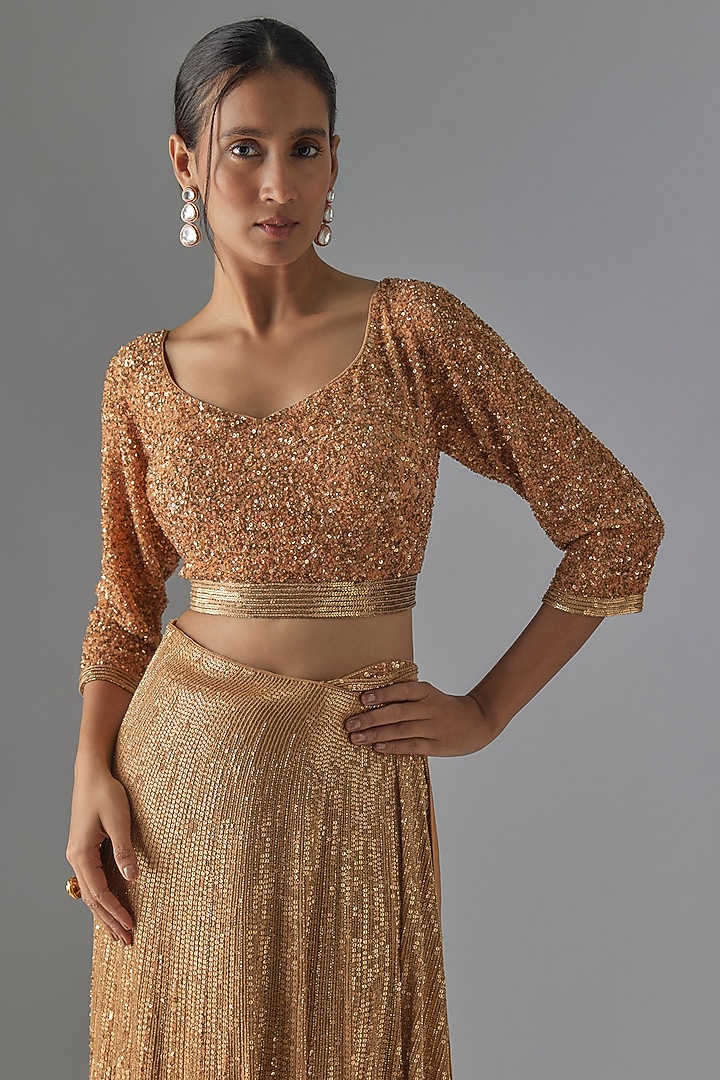 Peach Chiffon Sequins Embroidered Bridal Saree Set by Nakul Sen at Pernia's Pop Up Shop