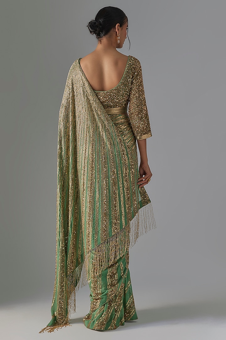 Jade Green Chiffon Sequins Embroidered Bridal Saree Set by Nakul Sen at Pernia's Pop Up Shop