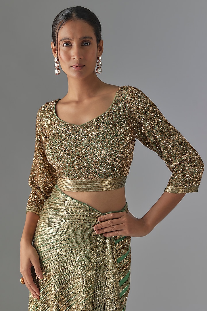 Jade Green Chiffon Sequins Embroidered Bridal Saree Set by Nakul Sen at Pernia's Pop Up Shop