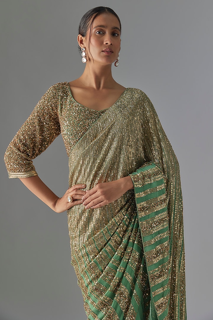 Jade Green Chiffon Sequins Embroidered Bridal Saree Set by Nakul Sen at Pernia's Pop Up Shop