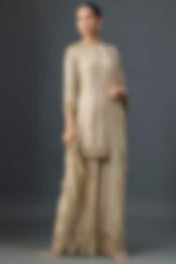 Mushroom Colored Silk Chiffon Sequins Embroidered Bridal Sharara Set by Nakul Sen at Pernia's Pop Up Shop