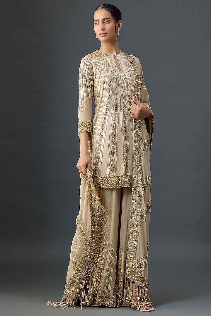 Mushroom Colored Silk Chiffon Sequins Embroidered Bridal Sharara Set by Nakul Sen at Pernia's Pop Up Shop