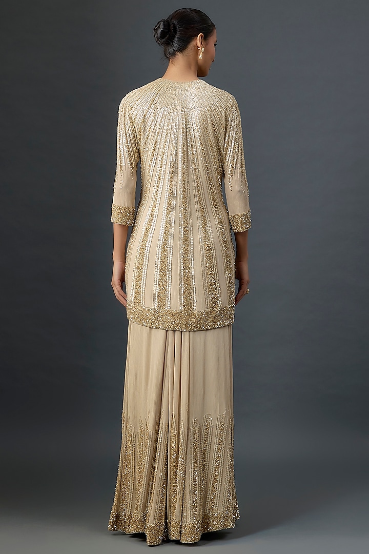 Mushroom Colored Silk Chiffon Sequins Embroidered Bridal Sharara Set by Nakul Sen at Pernia's Pop Up Shop