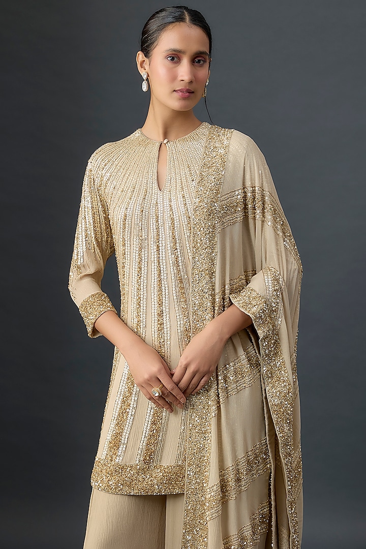 Mushroom Colored Silk Chiffon Sequins Embroidered Bridal Sharara Set by Nakul Sen at Pernia's Pop Up Shop