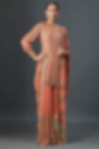 Coral Silk Chiffon Sequins Embroidered Bridal Sharara Set by Nakul Sen at Pernia's Pop Up Shop