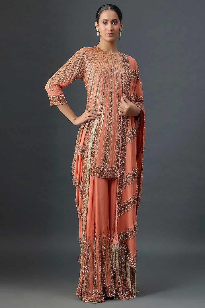 Coral Silk Chiffon Sequins Embroidered Bridal Sharara Set by Nakul Sen at Pernia's Pop Up Shop