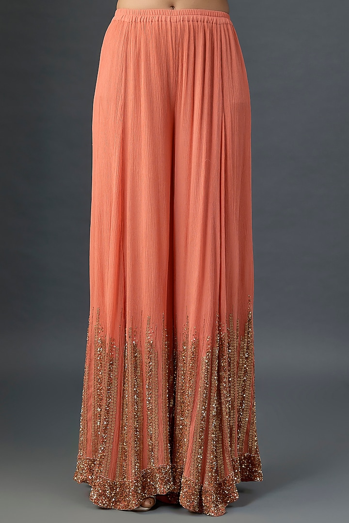 Coral Silk Chiffon Sequins Embroidered Bridal Sharara Set by Nakul Sen at Pernia's Pop Up Shop