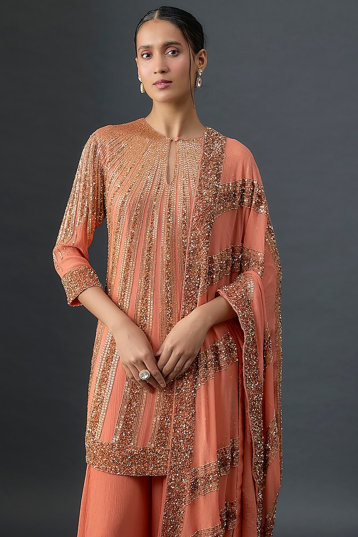 Coral Silk Chiffon Sequins Embroidered Bridal Sharara Set by Nakul Sen at Pernia's Pop Up Shop