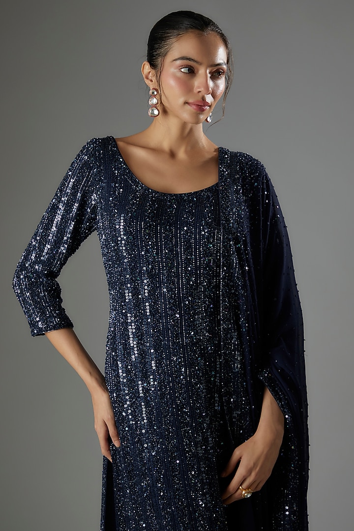 Navy Chiffon Sequins Embroidered Kurta Set by Nakul Sen at Pernia's Pop Up Shop