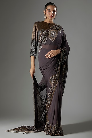 Charcoal Chiffon Sequins Embroidered Saree Set by Nakul Sen