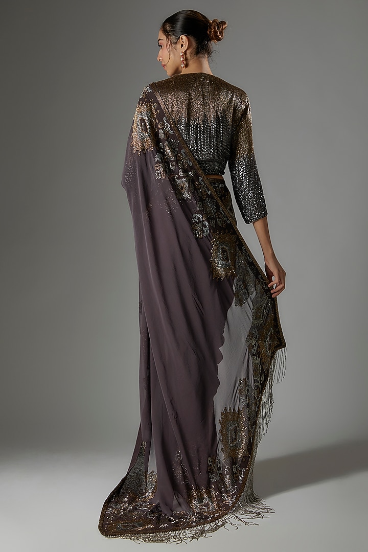 Charcoal Chiffon Sequins Embroidered Bridal Saree Set by Nakul Sen at Pernia's Pop Up Shop
