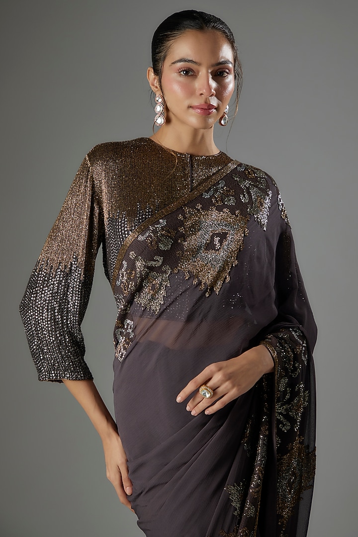 Charcoal Chiffon Sequins Embroidered Bridal Saree Set by Nakul Sen at Pernia's Pop Up Shop
