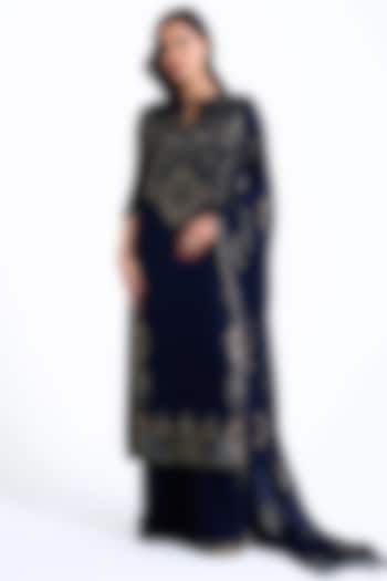 Navy Blue Silk Chiffon Ikat Cutdana Work Kurta Set by Nakul Sen at Pernia's Pop Up Shop