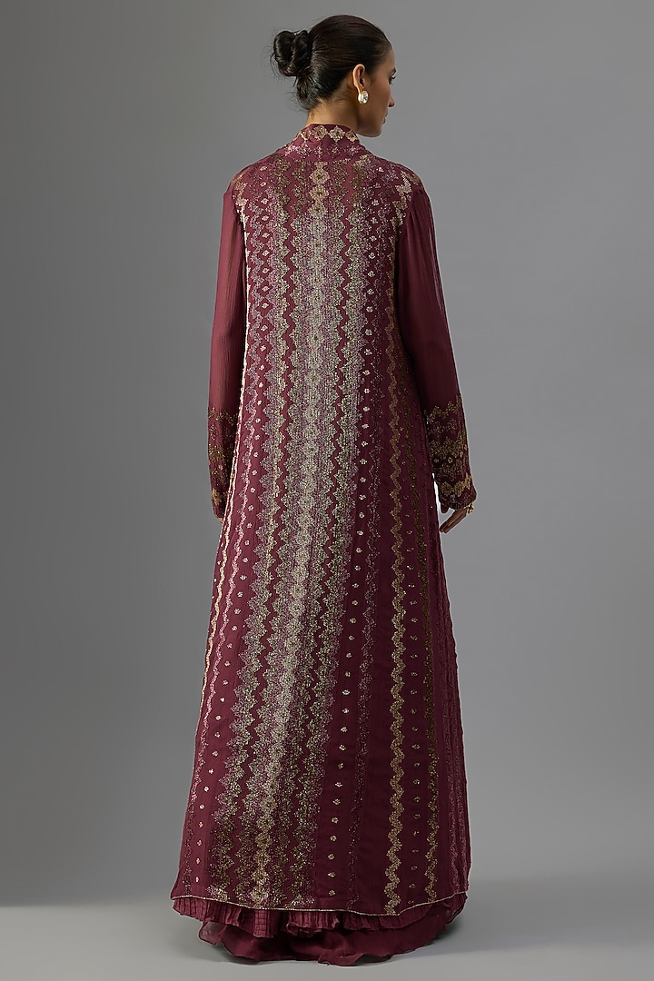 Wine Chiffon Sequins Embroidered Jacket Set by Nakul Sen at Pernia's Pop Up Shop