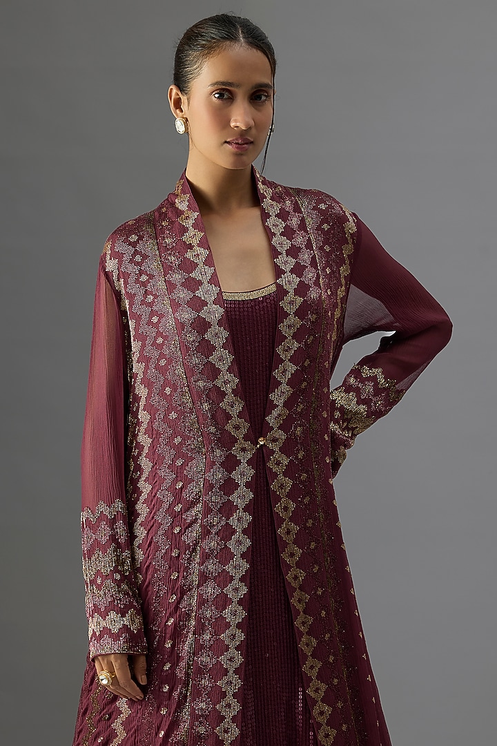 Wine Chiffon Sequins Embroidered Jacket Set by Nakul Sen at Pernia's Pop Up Shop