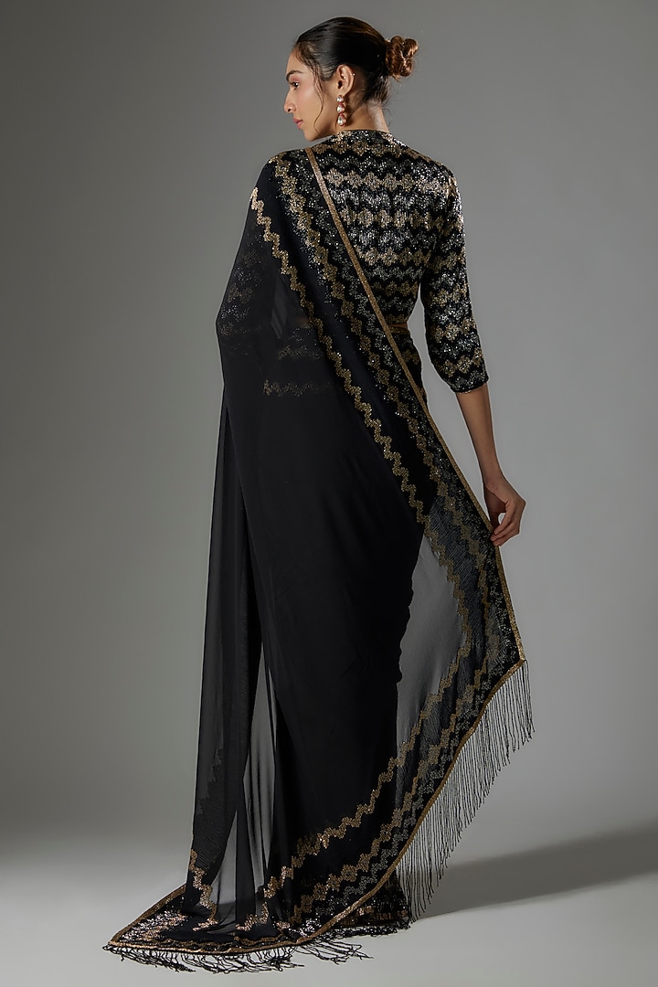 Black Chiffon Sequins Embroidered Bridal Saree Set by Nakul Sen at Pernia's Pop Up Shop