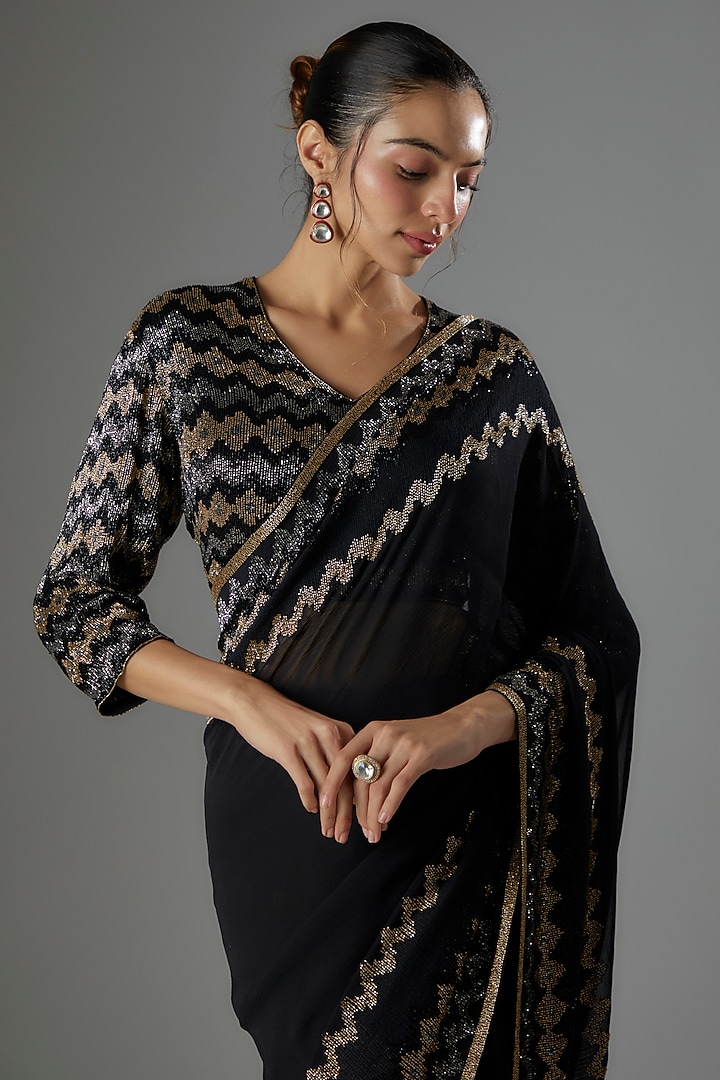 Black Chiffon Sequins Embroidered Bridal Saree Set by Nakul Sen at Pernia's Pop Up Shop