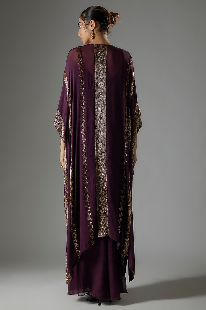 Aubergine Chiffon Sequins Embroidered Kaftan Set by Nakul Sen at Pernia's Pop Up Shop