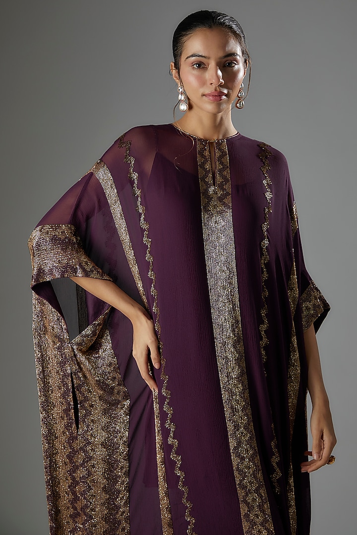 Aubergine Chiffon Sequins Embroidered Kaftan Set by Nakul Sen at Pernia's Pop Up Shop