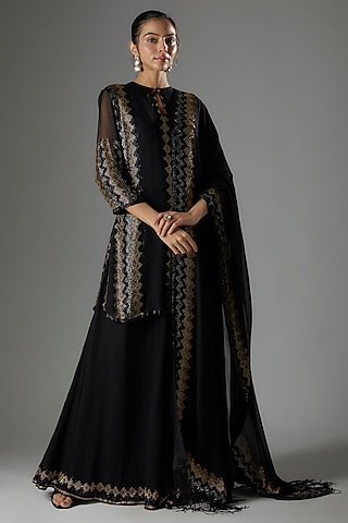 Black Chiffon Sequins Embroidered Kurta Set by Nakul Sen