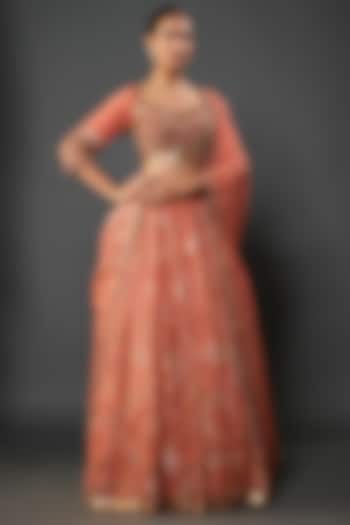 Coral Silk Chiffon Sequins Embroidered Bridal Lehenga Set by Nakul Sen at Pernia's Pop Up Shop