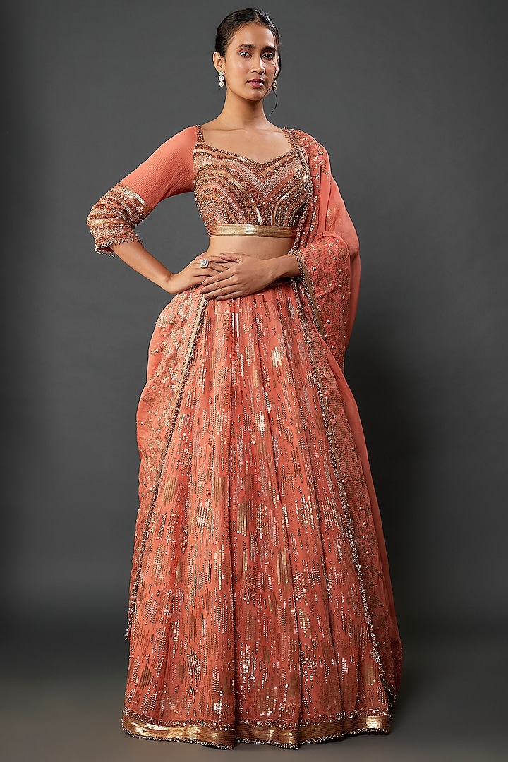 Coral Silk Chiffon Sequins Embroidered Bridal Lehenga Set by Nakul Sen at Pernia's Pop Up Shop