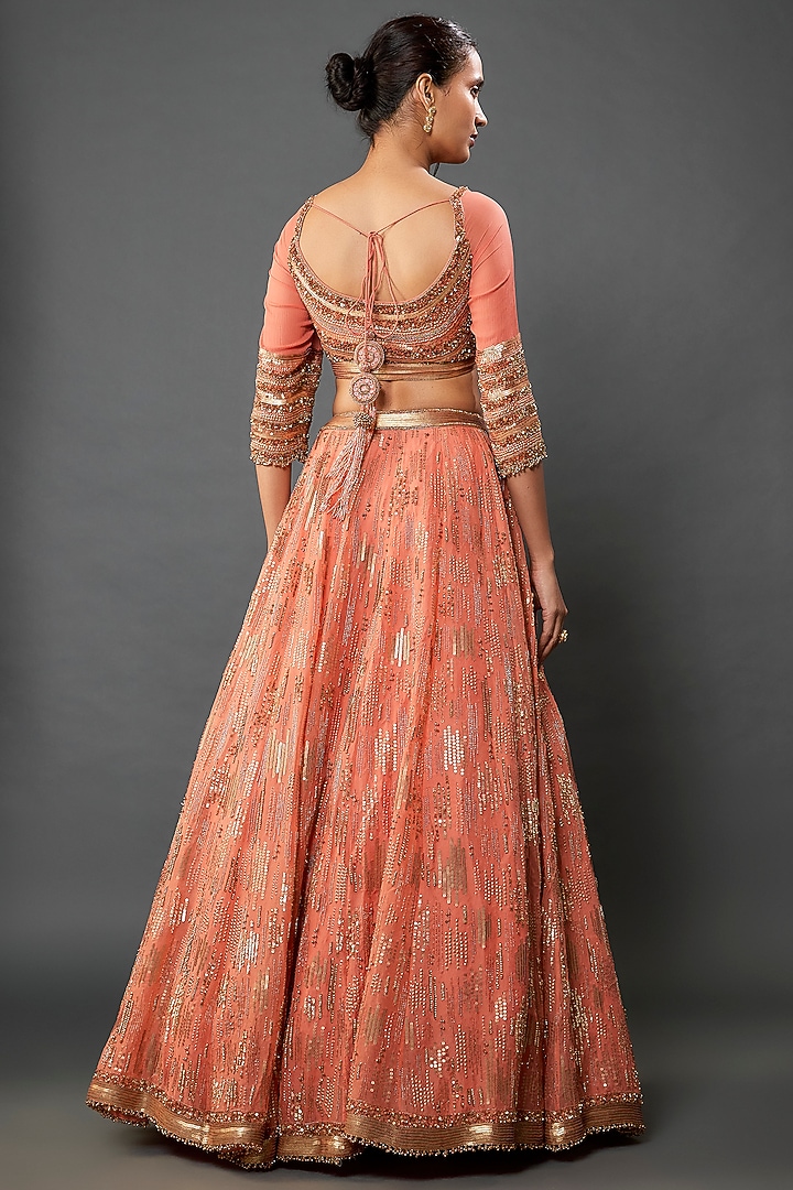 Coral Silk Chiffon Sequins Embroidered Bridal Lehenga Set by Nakul Sen at Pernia's Pop Up Shop