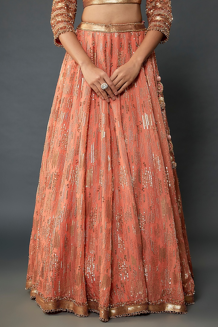 Coral Silk Chiffon Sequins Embroidered Bridal Lehenga Set by Nakul Sen at Pernia's Pop Up Shop