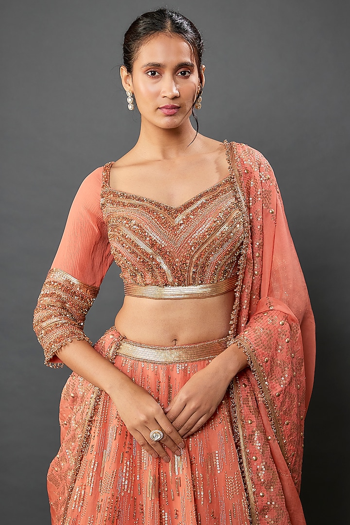 Coral Silk Chiffon Sequins Embroidered Bridal Lehenga Set by Nakul Sen at Pernia's Pop Up Shop