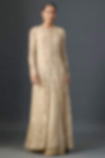 Mushroom Colored Silk Chiffon Sequins Embroidered Jacket Set by Nakul Sen at Pernia's Pop Up Shop