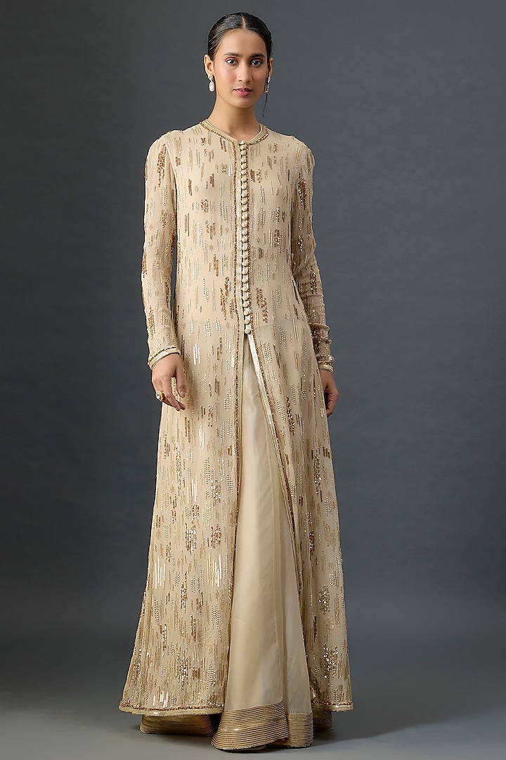 Mushroom Colored Silk Chiffon Sequins Embroidered Jacket Set by Nakul Sen at Pernia's Pop Up Shop